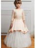 Three Quarter Sleeves Peach Lace Satin Peplum Long Flower Girl Dress